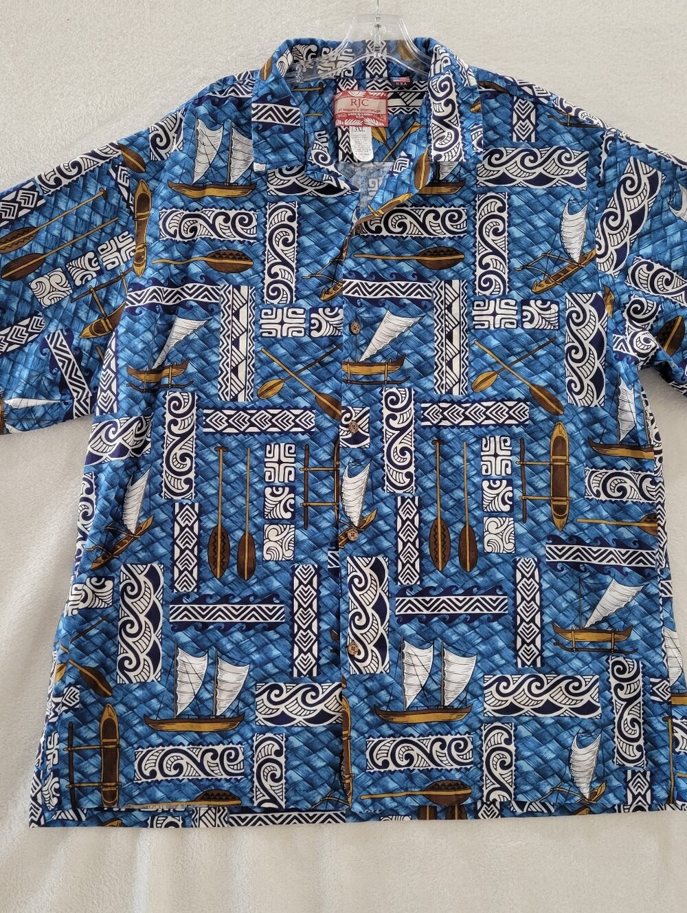 RJC Hawaiian Shirt Men’s 3XL Blue Nautical Tribal AOP Camp Short Sleeve Made USA